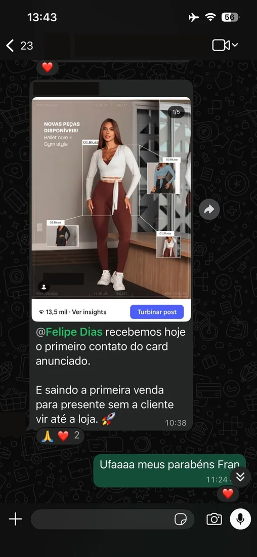 Post anunciado com 13,5 mil visualizacoes gerando o primeiro contato e a primeira venda