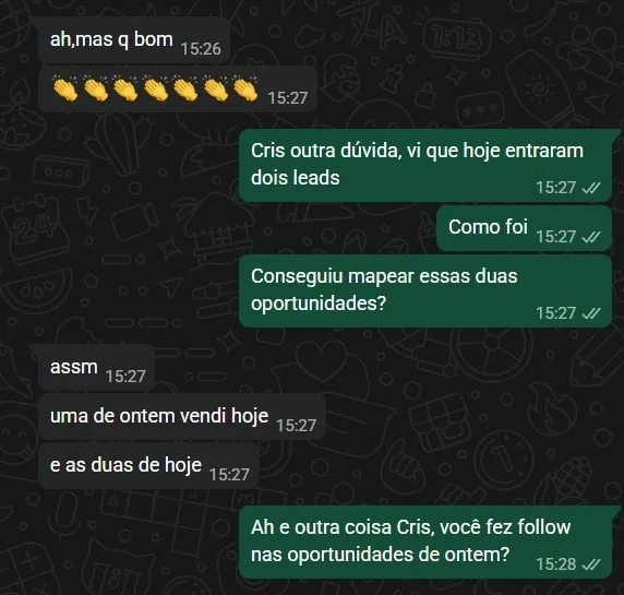 Cliente confirma que vendeu para um lead do dia anterior e mapeou mais duas oportunidades