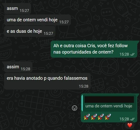 Acompanhamento de follow up com venda confirmada e duas oportunidades em andamento