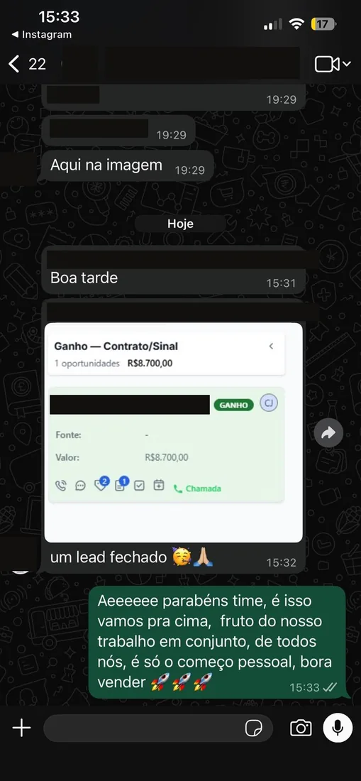 Lead fechado no CRM com contrato e sinal no valor de R$ 8.700