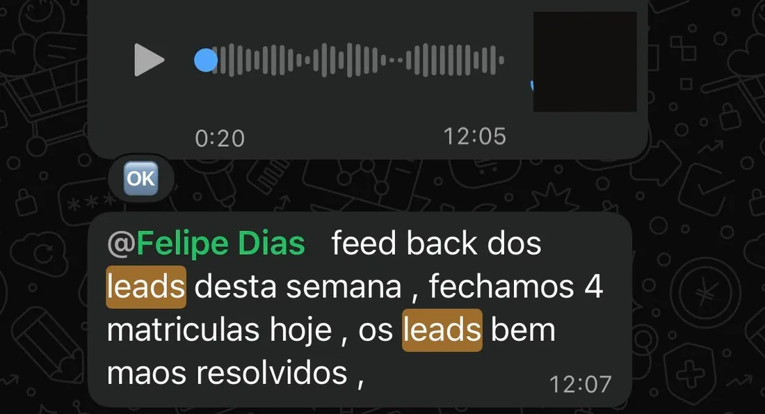 Feedback de leads da semana com quatro matriculas fechadas no mesmo dia