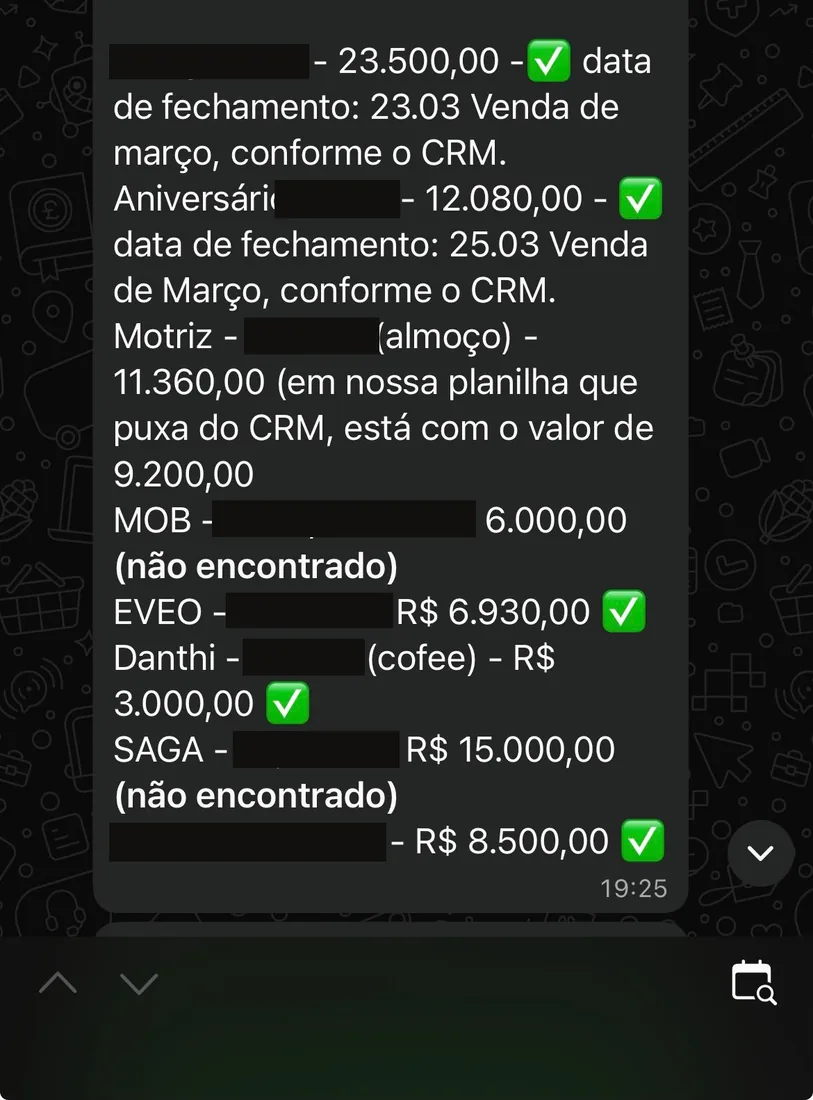 Conferencia de vendas com o CRM listando valores fechados de R$ 3.000 a R$ 23.500