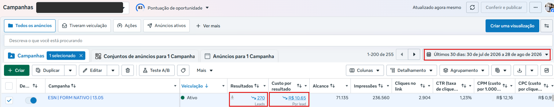 Gerenciador Meta: campanha de leads com 270 leads a R$ 10,65 por lead nos ultimos 30 dias