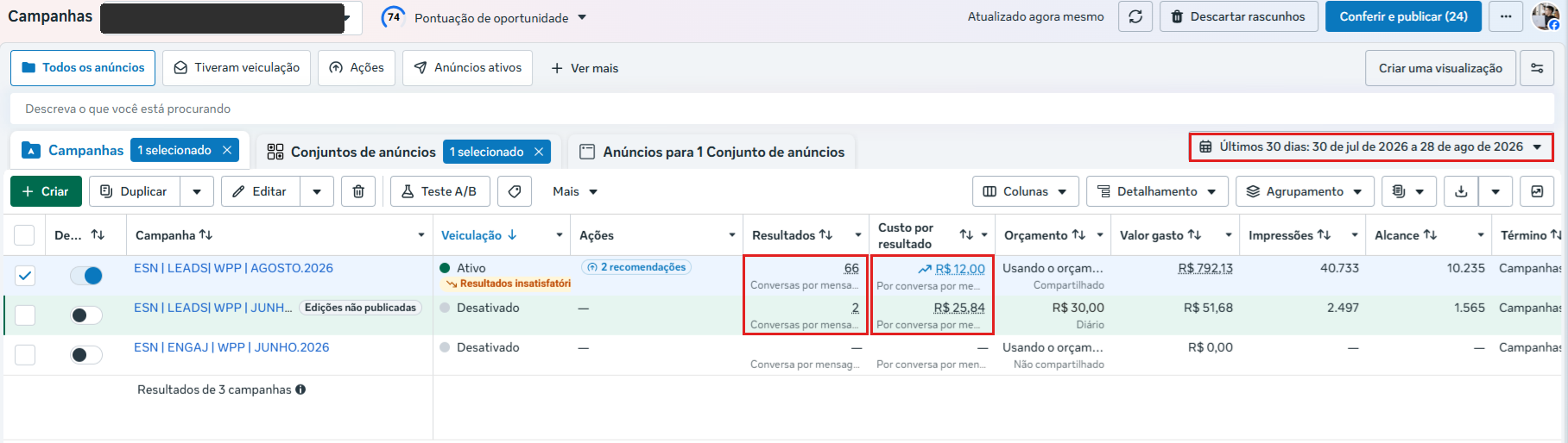 Gerenciador Meta: 66 conversas por mensagem a R$ 12,00 nos ultimos 30 dias, com R$ 792 investidos