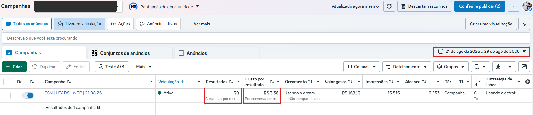 Gerenciador Meta: 50 conversas por mensagem a R$ 3,36, com R$ 168 investidos
